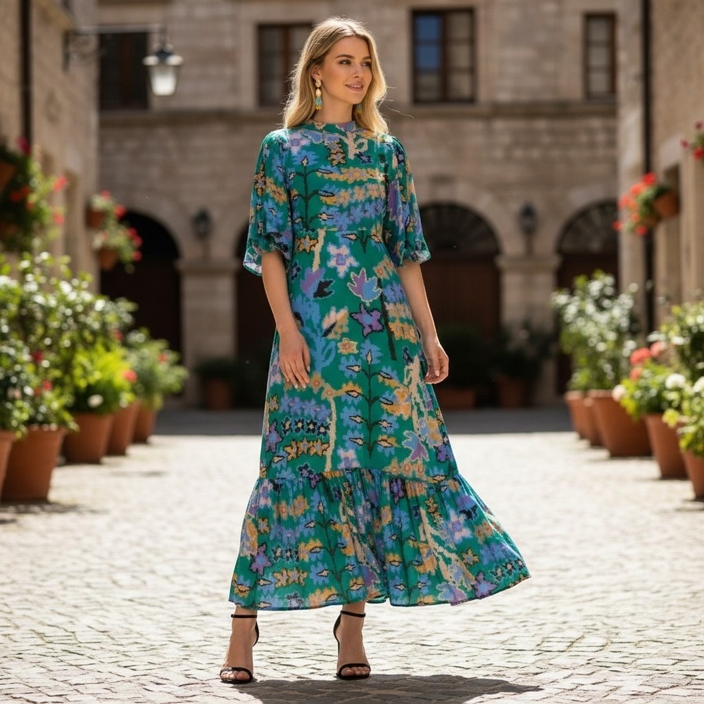 Oliphant Flirty Mock Neck Maxi Dress Bukhara Green Floral Flutter Sleeve XS‎